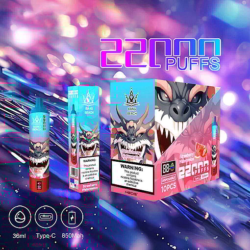 A Promotional Image For 'Bang Beach' Disposable Vape Featuring Strawberry Watermelon Flavor, Showcasing Its 36Ml Capacity, Type-C Charging, 850Mah Battery, And 22,000 Puff Capability Against A Colorful Abstract Background.