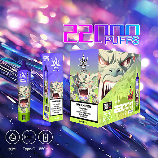 Illustration Of A Colorful Packaging Design For A Disposable Vape Product Labeled &Quot;Bang Beach,&Quot; Featuring A Graphic Of A Roaring Creature, With Text Highlighting Specifications Such As 22,000 Puffs And Including Nicotine Usage Warnings.