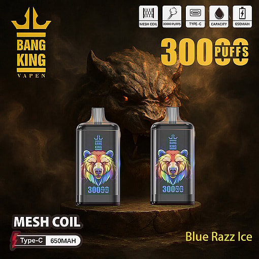 Advertisement For Bang King Vapen Featuring Two Vape Devices With Vibrant Bear Illustrations, Highlighting 30000 Puffs, Mesh Coil, Type-C Charging, 650Mah Capacity, And Blue Razz Ice Flavor, Set Against A Dark Backdrop Featuring A Menacing Creature.