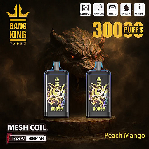 Promotional Image For Bang King Vapen'S Peach Mango Vape With 30000 Puffs, Showing Two Devices Featuring An Owl Design, Alongside Product Specifications Like Mesh Coil, Type-C Charging, And 650Mah Capacity, Set Against A Dark Background With A Menacing Creature Silhouette.