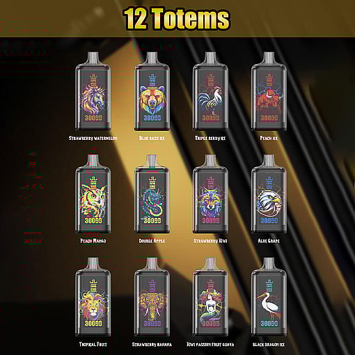 A Visual Display Of 12 Vape Designs Labeled &Quot;12 Totems,&Quot; Showcasing Various Flavors Including Strawberry Watermelon, Blue Razz Ice, Triple Berry Ice, Peach Ice, Peach Mango, Double Apple, Strawberry Kiwi, Aloe Grape, Tropical Fruit, Strawberry Bahama, Kiwi Passion Fruit Guava, And Black Dragon Ice, Each Adorned With Vibrant Totem-Themed Artwork.