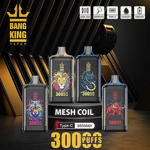 Advertisement Showcasing Four Bangking Crystal 30000 Vape Devices With Vibrant Artistic Designs Featuring A Lion, A Dragon, A Wolf, And A Bull, Highlighting Features Like 3000 Puffs, Mesh Coil Technology, And A 650Mah Rechargeable Battery.