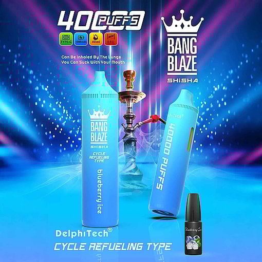 Promotional Image Showcasing Bang Blaze Shisha Devices Featuring Blueberry Ice Flavor, A Hookah In The Background, And Product Specifications Such As 40,000 Puffs And Cycle Refueling Type.