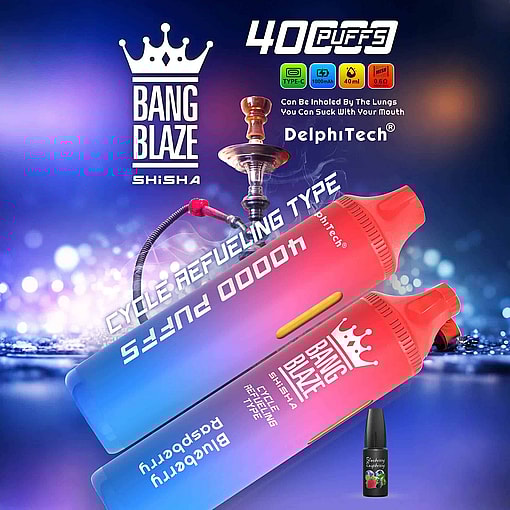 Promotional Image Featuring Bang Blaze Shisha Smoking Device And Accessories, Highlighting Cycle Refueling Type, 40 Puffs Capacity, And Various Specifications Against A Colorful Background.