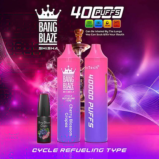 Promotional Image For Bang Blaze Shisha With Cherry Blossom Grape Flavor. Features Two Colorful Devices Alongside A Flavor Bottle, Highlighting '4000 Puffs' And 'Cycle Refueling Type' Amidst A Vibrant Purple And Red Background With Hookah Illustration.
