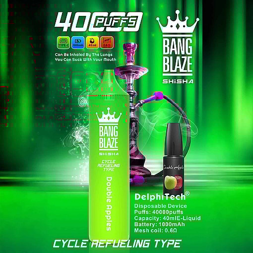 Promotional Image Showcasing The Bang Blaze Shisha Disposable Vaping Device With Double Apples Flavor, Alongside A Liquid Refill Bottle And A Traditional Hookah, Set Against A Green Illuminated Background.