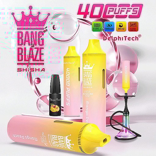 Promotional Image Showcasing Bang Blaze Electronic Shisha Devices And Accessories In Vibrant Colors, Labeled &Quot;Mango Peach&Quot; Flavor, With Visual Details Such As 40,000 Puffs Capacity, Rechargeable Design, And 40Ml Liquid Volume.