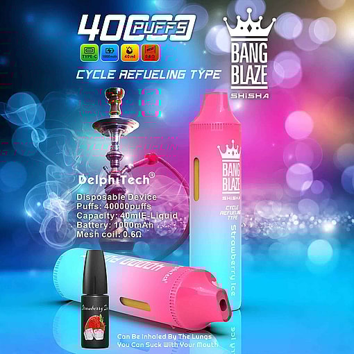 Promotional Image For Delphitech'S Bang Blaze Disposable Shisha Device Featuring 40,000 Puffs, 40Ml E-Liquid Capacity, 1000Mah Battery, And Mesh Coil, With A Colorful Gradient Design And Strawberry Ice Flavor Bottle In The Foreground.