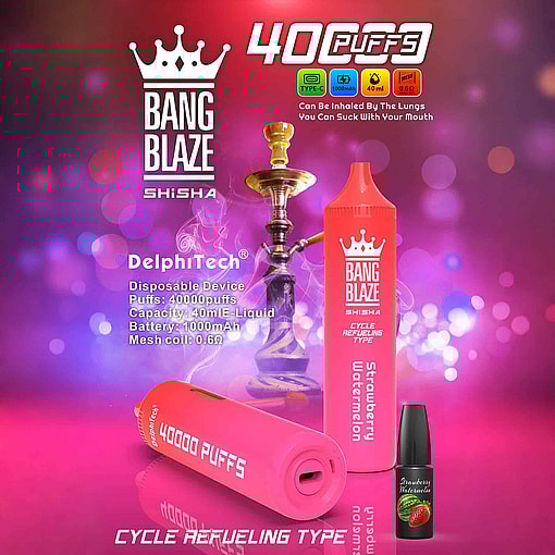 A Promotional Image Showcasing The Bang Blaze Shisha Disposable Vaping Device With Details Including 40,000 Puffs, 40Ml E-Liquid Capacity, 1000Mah Battery, And 0.6 Mesh Coil, Set Against A Colorful Background Featuring Vapor And A Hookah Silhouette.