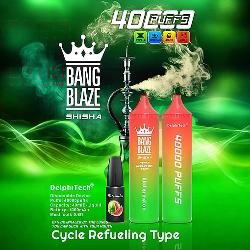 Promotional Image For The Bang Blaze Disposable Vape Showcasing Watermelon Flavor, Featuring Specifications Like 40,000 Puffs, 40Ml E-Liquid Capacity, And 1000Mah Battery, Displayed Alongside A Shisha Pipe On A Green Background With Vapor Effects.