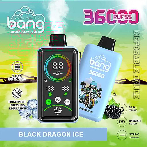 Promotional Graphic Showcasing A 'Bang Disposable' Vape Device With Product Highlights: 1.0Ω Dual Mesh, Fingerprint Pressure Regulation, 36Ml Volume, 850Mah Battery, And Type-C Charging. Featured In The Black Dragon Ice Variety, Displaying A Colorful Device Design And Branding Elements.