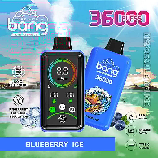 Promotional Image Of A Bang Disposable Vape For Blueberry Ice Flavor, Featuring A Digital Display Device, Specifications Including 3600 Puffs, 1.0 Ω Dual Mesh, Fingerprint Pressure Regulation, 36 Ml E-Liquid Capacity, An 850 Mah Battery, And Type-C Charging, Set Against A Vibrant Scenic Background.