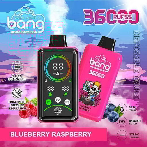 Promotional Image Showcasing The Bang Disposable Vape Device In Blueberry Raspberry Flavor, Featuring A Digital Display, 36 Ml E-Liquid Capacity, 850Mah Battery, And Type-C Charging, Set Against A Colorful, Cloud-Filled Background.