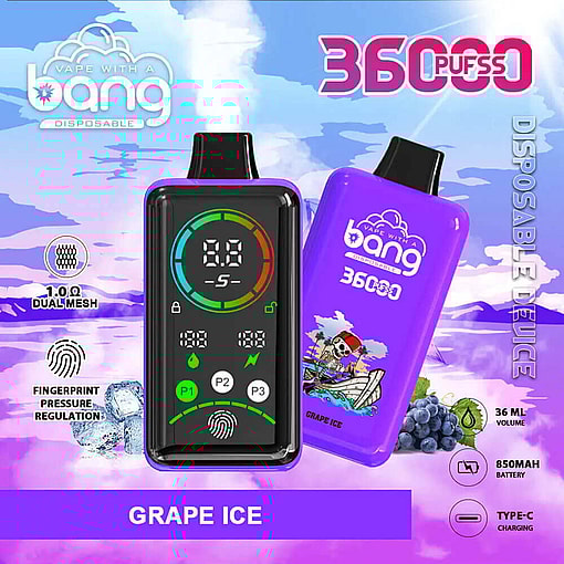 Promotional Image Showcasing A Purple Disposable 36000-Puff Vape Titled 'Bang Disposable' In 'Grape Ice' Flavor, Featuring A Digital Display, Fingerprint Pressure Regulation, And Type-C Charging Capability, Surrounded By A Vapor-Themed Background With Ice Cubes And Grapes.
