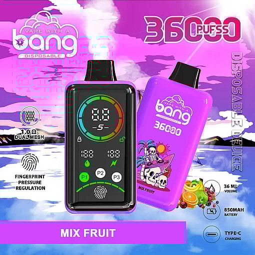 A Promotional Image For The 'Bang 36000 Power Puffs Electronic Vape Featuring Mix Fruit Flavor, Showcasing A Digital Indicator Screen And A Colorful Tropical-Themed Device Design In A Vibrant Purple Color Scheme.