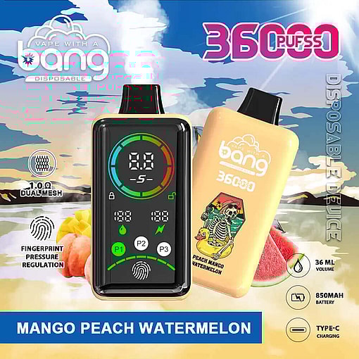 Product Advertisement For A Disposable Vape Device Featuring 36000 Puffs, Fingerprint Pressure Regulation, And A Mango Peach Watermelon Flavor.