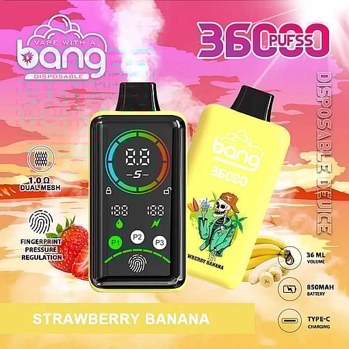 Promotional Image Of A Bang Disposable Vape Device In The Strawberry Banana Flavor, Featuring Details About The Product Like 3600 Puffs, 1.0Ω Dual Mesh, 850Mah Battery, 36 Ml Volume, And A Unique Fingerprint Pressure Regulation Feature, Set Against A Vibrant Tropical Background.
