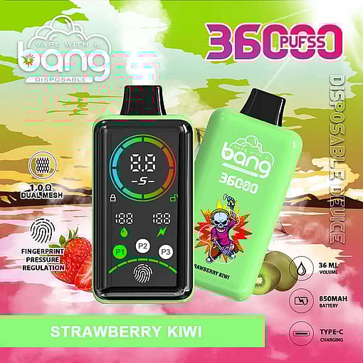 Promotional Image Featuring Two Bang Disposable Vape Devices With A Green Design For The Strawberry Kiwi Flavor. Includes Detailed Features Such As A Digital Display, Pressure Regulation, And Specifications Like 36000 Puffs And 36Ml Volume. Background Shows Stylized Kiwi And Strawberry Visuals.