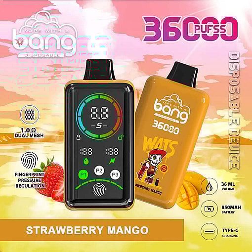 Promotional Image For The Bang Disposable Vape Device In Strawberry Mango Flavor, Featuring A Digital Display And Advertising 3600 Puffs, 36 Ml Liquid Capacity, An 850Mah Battery, And Usb Type-C Charging.