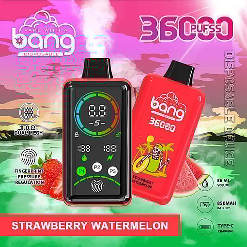 A Promotional Image For Bang Disposable Vaping Devices Featuring The Strawberry Watermelon Flavor, Showing Detailed Features Like A Digital Display, Dual Mesh Coils, Fingerprint Pressure Regulation, 850Mah Battery, Type-C Charging, And 3600 Puffs Capacity. Background Includes A Colorful Tropical Scene With Strawberries And Watermelons.