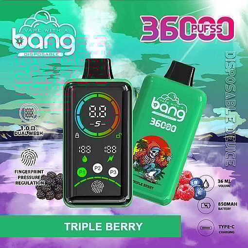 Promotional Image Showcasing The Bang Disposable Vape With Triple Berry Flavor, Featuring A Green Device, 3600 Puff Capacity, Digital Control Panel, And Specifications Like 850Mah Battery And Type-C Charging.