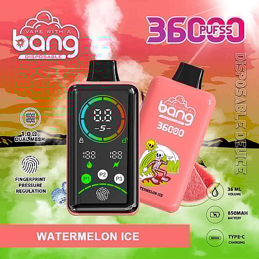 Promotional Image Of A Bang Brand Disposable Vape In Watermelon Ice Flavor, Showcasing Its 36000 Puff Capacity With Colorful Packaging Featuring A Skeleton Design And Technical Specifications For Battery And Charging.