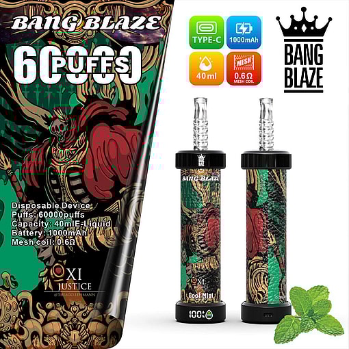 Product Advertisement For The Bang Blaze Disposable Vaping Device, Featuring Details Such As 60,000 Puffs, 40 Ml E-Liquid Capacity, 1000 Mah Battery, And 0.6Ω Mesh Coil; The Design Includes A Graphic Of A Skeletal Warrior In Red And Gold Armor.