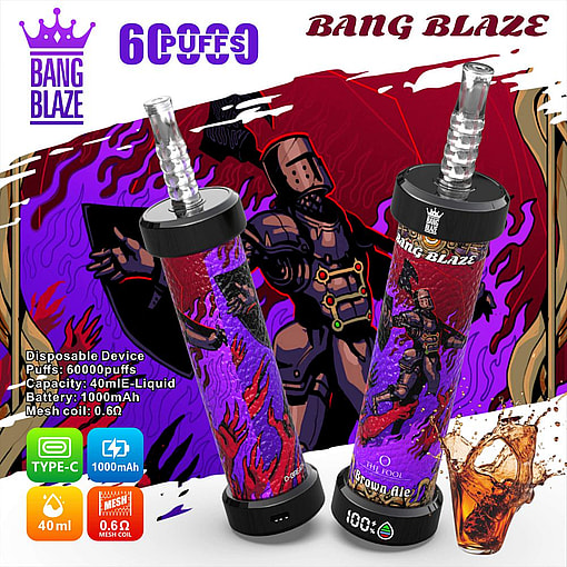 Promotional Image For The Bang Blaze Disposable Vaping Device, Featuring Two Devices With A Vibrant Fantasy Knight-Themed Design, Highlighting Key Features Such As 6000 Puffs, A 40Ml E-Liquid Capacity, A 1000Mah Battery, And A 0.6Ω Mesh Coil.