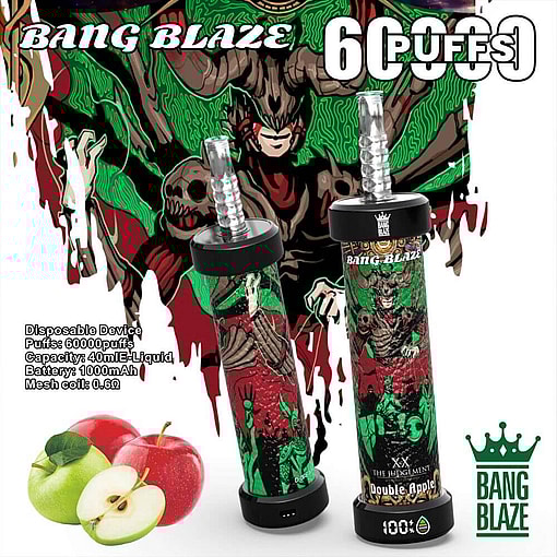 Promotional Image Of The Bang Blaze Double Apple Flavored Disposable Vape Device Featuring 6000 Puffs, With Vivid Designs Of Demon-Like Illustrations On The Packaging And Detailed Product Specifications Displayed Beside The Device.