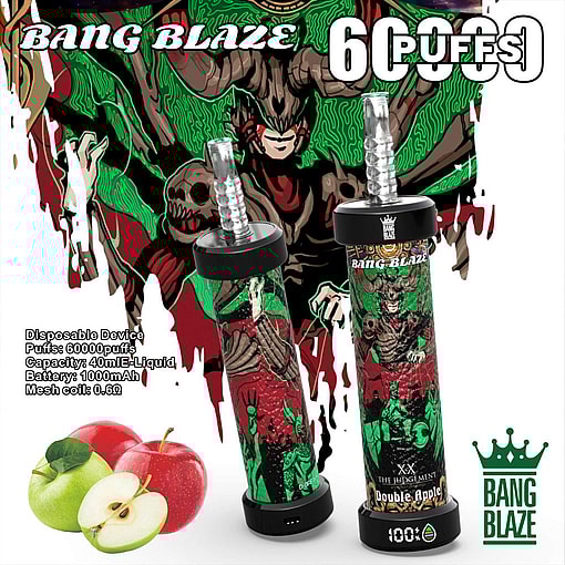 Promotional Image Featuring Bang Blaze Double Apple Disposable Vape Devices With A Detailed Graphic Design And Product Specifications, Accompanied By Fresh Apple Illustrations.