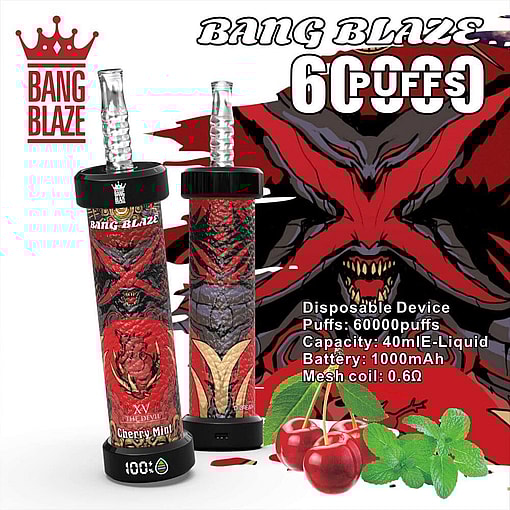 Promotional Image For The Bang Blaze Disposable Vape Device Featuring A Red And Black Themed Design Labeled 'Cherry Mint' With Specifications Including 60,000 Puffs, 40Ml E-Liquid, 1000Mah Battery, And 0.6Ω Mesh Coil. Decorative Elements Include Cherries And Mint Leaves.
