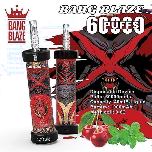 Promotional Image For The Bang Blaze Cherry Mint Xv Disposable Vaping Device Featuring Bold Red And Black Graphic Design With Devil-Themed Illustrations, Attributes Including 60000 Puffs, A 40Ml E-Liquid Capacity, 1000Mah Battery, And 0.6Ω Mesh Coil, Accompanied By Mint Leaves And Cherries Representing The Flavor.