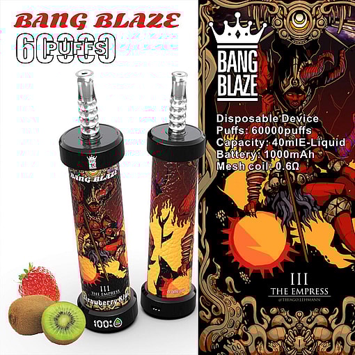 Promotional Image Featuring Bang Blaze Disposable Vaping Devices With Ornate Red Designs Labeled 'The Empress,' Alongside A Product Description Showcasing Specifications And Flavors Such As Strawberry And Kiwi.