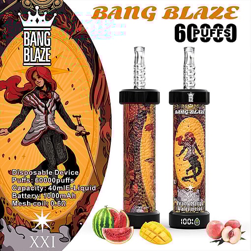 Vape Product Display Featuring Two Devices With Colorful Designs And A Character Illustration, Alongside Text Listing Specifications Like 6000 Puffs, Peach-Mango-Watermelon Flavor, And 1000Mah Battery.