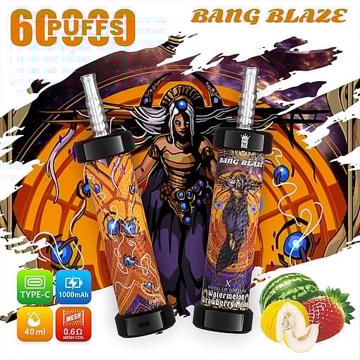 Image Of Two Bang Blaze Vaping Devices With Decorative Designs, Advertising Features Like 6000 Puffs, 40Ml Capacity, And Flavors Including Watermelon Strawberry Melon, Against A Stylized Illustration Of A Mythical Character In An Orange-Themed Background.