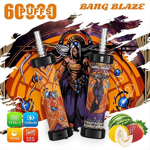 Promotional Display Featuring Two Bang Blaze Vaping Devices In Vibrant Orange And Black Designs, Positioned With Artistic Background Of A Mystical Figure, Alongside Flavor And Technical Details Including 'Watermelon And Strawberry Melon' And Specifications Like 6000 Puffs, 40Ml E-Liquid Capacity, And 1000Mah Battery.