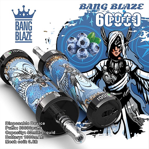 Promotional Display For Bang Blaze Disposable Vape Device With Blueberry Flavor, Featuring Styled Packaging And Device Specifications Such As 60000 Puffs, 40Ml E-Liquid Capacity, 1000Mah Battery, And A 0.6Ω Mesh Coil; Illustrated With A Blueberry Cluster And Character Artwork In A Blue-Themed Design.