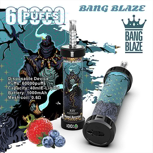 Promotional Image Showcasing A Bang Blaze Disposable Vaping Device With '60,000 Puffs' Text And Mixed Berry Flavor, Featuring Details About Capacity, Battery, And Coil Specification, Alongside Blueberries And A Strawberry Graphic.
