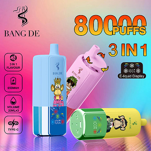 Promotional Image For Bang De Disposable Vape Device Showcasing Three Colorful Varieties, Including Features Like 80,000 Puffs, 3-In-1 Flavor, And Usb Type-C Charging, With Cartoon Designs On The Device Casing.