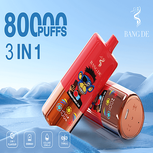 Promotional Image Featuring Bang De Vape Devices Highlighting Key Features Like &Quot;80,000 Puffs,&Quot; &Quot;3-In-1 Flavor,&Quot; 650Mah Battery Capacity, 20Ml Liquid Volume, And Type-C Charging. The Devices Showcase A Colorful Design With A Graphic Of A Monkey, Labeled With The Flavor &Quot;Watermelon Ice.&Quot;
