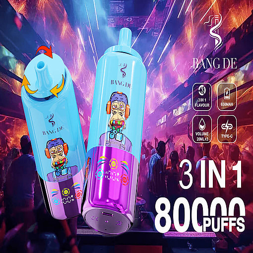 Promotional Image For The 'Bang De' 3-In-1 Vape Device Featuring A Colorful Design With A Cartoon Character, Highlighted Product Specifications, And 80,000 Puffs Claim, Shown Against A Vibrant Club Background.
