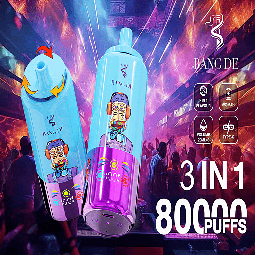 Promotional Image Of A Brightly Colored Vaping Device Labeled 'Bang De' With A Cartoon Design, Set Against A Lively Club Scene Background, Highlighting Features Such As A 650Mah Battery, 3-In-1 Flavor Options, And 80,000 Puffs Capacity.