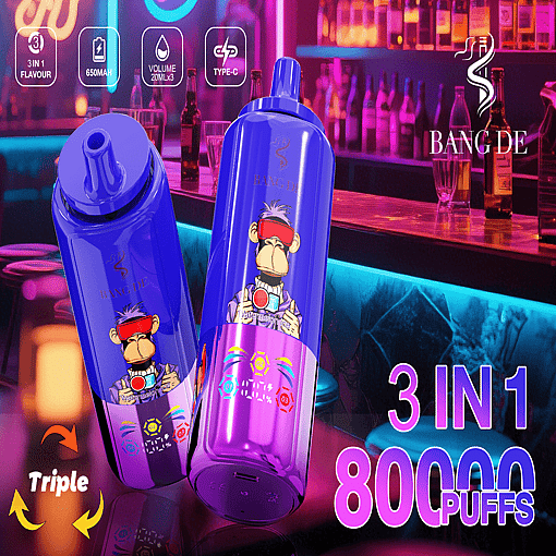 A Promotional Image For The Bang De Vape Device In Neon-Lit Bar Setting, Showcasing Two Colorful Vape Devices With A Monkey-Graphic Design, Highlighting Key Features Such As 3-In-1 Flavor, 650Mah Battery, 20Ml Liquid Capacity Across Three Cartridges, Type-C Charging, And 8000 Puff Capacity, With The Text 'Triple' Indicating Flavor Options.