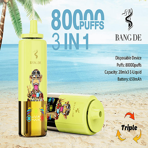 Promotional Image Of The Bang De Disposable Vaping Device In Yellow, Featuring 80,000 Puffs Capacity, 20Mlx3 E-Liquid Volume, And A 650Mah Battery, Displayed Against A Beach Background With A Palm Tree.