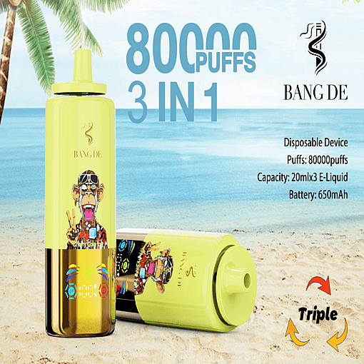 A Promotional Image For Bang De Disposable Vape Device Featuring 80,000 Puff Capacity, 3-In-1 Triple Functions, 20Ml X 3 E-Liquid Capacity, And A 650Mah Battery, Displayed On A Tropical Beach Background.