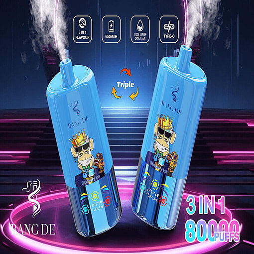 Promotional Image Of Bang De Electronic Cigarettes Featuring A Blue Device With '3 In 1' Flavor Capability, 650Mah Battery, And 80000 Puffs Claim, Displayed With Vibrant Artwork And Neon Effects.