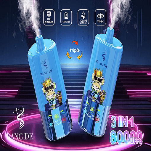 Promotional Image Showing Two Blue Multifunctional Vaping Devices Branded Bang De, Decorated With Illustrations Of A Cartoon Monkey Wearing A Crown, With Features Like 3-In-1 Flavor, 650Mah Battery Capacity, And A Type-C Charging Port Highlighted.