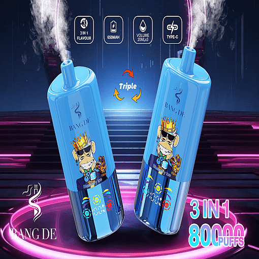 Promotional Image Showing Two Blue Vape Devices Labeled 'Bang De' With A Cartoon Monkey Wearing A Crown, Showcasing Features Like '3 In 1 Flavor' And '8000 Puffs' Against A Neon-Lit Background.
