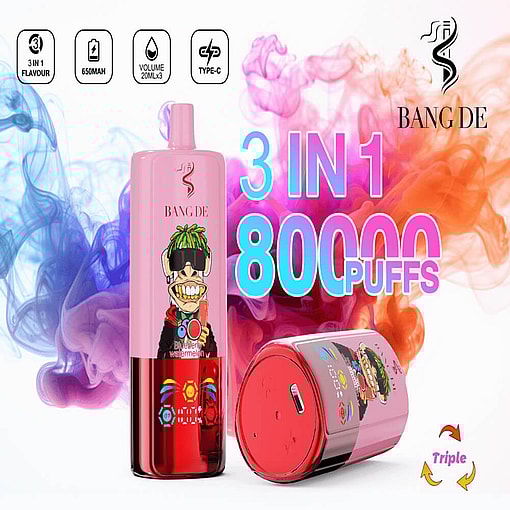 Promotional Image Of The Bang De 3-In-1 Flavored Vape Device Emphasizing 80,000 Puffs Capacity, Featuring A Unique Design With Cartoon Graphics, Alongside Technical Specifications Icons And Colorful Smoke Graphics.