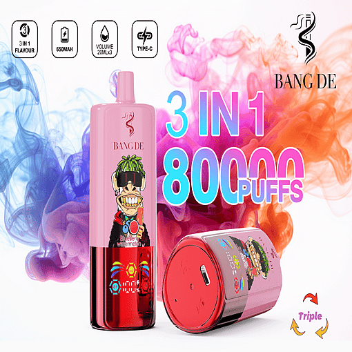 Promotional Image For A Bang De Vape Device, Featuring A Pink Design With A Cartoon Logo, Specifications Like '3 In 1 Flavour', '650Mah', And '80000 Puffs', Set Against A Colorful Background Of Swirling Orange And Blue Vapor.